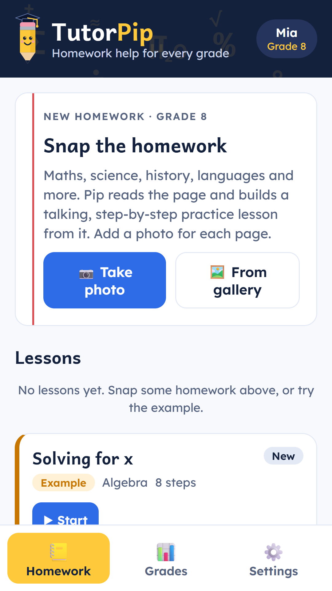TutorPip home screen with practice sets